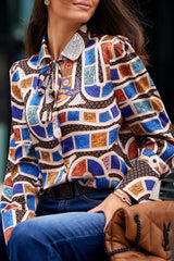 Elegant Print Patchwork Shirt Collar Tops Blouses