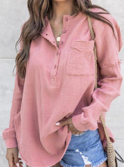 Casual Solid Buttons O Neck Tops