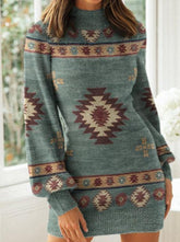 Work Print Patchwork Mandarin Collar One Step Skirt Dresses