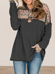 Vintage Print Patchwork Turndown Collar Tops