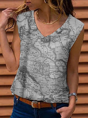 Women v neck map printed sleeveless shirts fashion vests