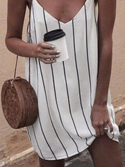 Chic Summer Strip Printed White Strap Shift Dresses