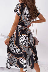Elegant Print Patchwork V Neck Shirt Dress Dresses