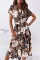 Elegant Print Patchwork V Neck Shirt Dress Dresses