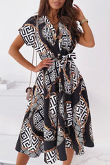Elegant Print Patchwork V Neck Shirt Dress Dresses