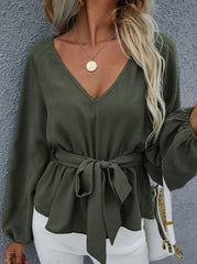 Casual Work Solid With Belt V Neck Tops T-shirts
