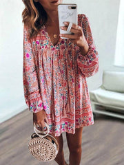 Women tie neck printed floral long sleeve shift dresses