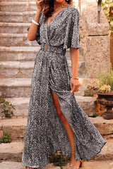 Bohemian College Floral Patchwork With Belt V Neck Waist Skirt Dresses Vacation Dresses(5 Colors)