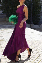 Elegant Formal Solid Fold Asymmetrical Oblique Collar Evening Dress Dresses