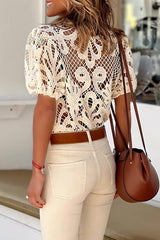 Casual Vacation Solid Lace Hollowed Out O Neck Tops Blouses