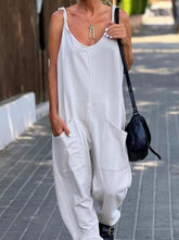Casual Simplicity Solid Pocket U Neck Loose Jumpsuits