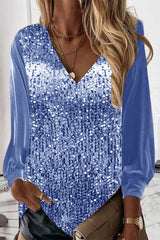 Casual Solid Sequins V Neck Tops T-Shirts