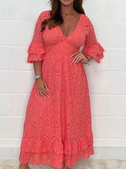 Elegant Solid Embroidered V Neck A Line Dresses