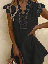 Casual Solid Hollowed Out V Neck A Line Short Sleeve Dress
