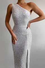 Celebrities Elegant Solid Sequins Oblique Collar Dresses Evening Dresses