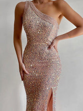 Celebrities Elegant Solid Sequins Oblique Collar Dresses Evening Dresses