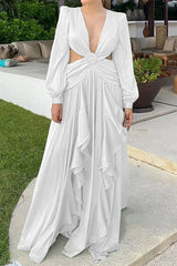 Sexy Solid Hollowed Out V Neck A Line Dresses Maxi Dresses