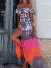 Street College Tie Dye Printing Off the Shoulder Printed Dress Vacation Dresses