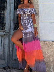Street College Tie Dye Printing Off the Shoulder Printed Dress Vacation Dresses