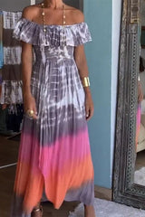 Street College Tie Dye Printing Off the Shoulder Printed Dress Vacation Dresses