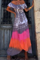 Street College Tie Dye Printing Off the Shoulder Printed Dress Vacation Dresses