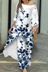 Casual Print Asymmetrical O Neck Three Quarter Two Pieces