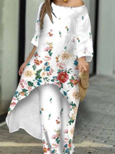 Casual Print Asymmetrical O Neck Three Quarter Two Pieces