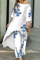 Casual Print Asymmetrical O Neck Three Quarter Two Pieces