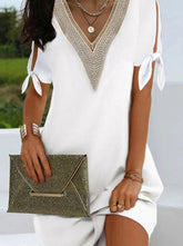 Elegant Solid Slit With Bow V Neck One Step Skirt Dresses Shift Dresses