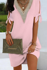 Elegant Solid Slit With Bow V Neck One Step Skirt Dresses Shift Dresses