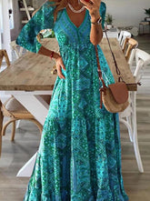Elegant College Geometric Printing V Neck Long Sleeve Dresses Maxi Dresses
