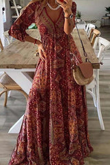 Elegant College Geometric Printing V Neck Long Sleeve Dresses Maxi Dresses