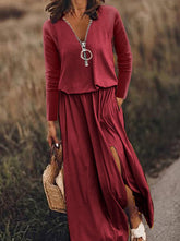 Casual Patchwork Zipper V Neck Irregular Dress Maxi Dresses