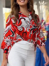 Elegant Print Patchwork Turndown Collar Tops Blouses