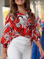 Elegant Print Patchwork Turndown Collar Tops Blouses