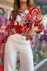 Elegant Print Patchwork Turndown Collar Tops Blouses