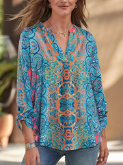 Women v neck printed long sleeve blouses