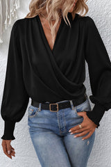 Elegant Solid Fold V Neck Tops Blouses