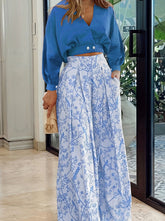 Casual Print Pocket V Neck Long Sleeve Two Pieces