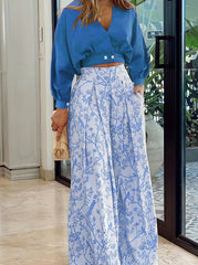 Casual Print Pocket V Neck Long Sleeve Two Pieces