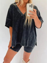 Casual Simplicity Solid V Neck Short Sleeve Two Pieces