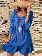 Embroidery Round neck Long sleeve Falbala Shift Dresses