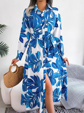 Elegant Floral Patchwork Turndown Collar A Line Dresses Maxi Dresses