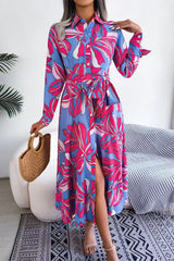 Elegant Floral Patchwork Turndown Collar A Line Dresses Maxi Dresses