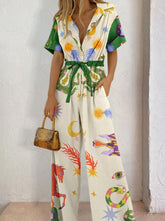 Casual Print Pocket Turndown Collar Loose Jumpsuits