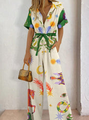 Casual Print Pocket Turndown Collar Loose Jumpsuits
