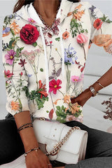 Casual Print Patchwork Hooded Collar Tops
