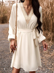 Elegant Solid Lace Bandage V Neck A Line Dresses