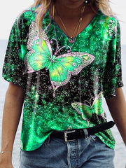 Casual v neck butterfly printed chic women short sleeve T-shirts