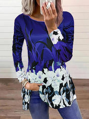 Round neck T-shirts printed fashion floral design tops for women